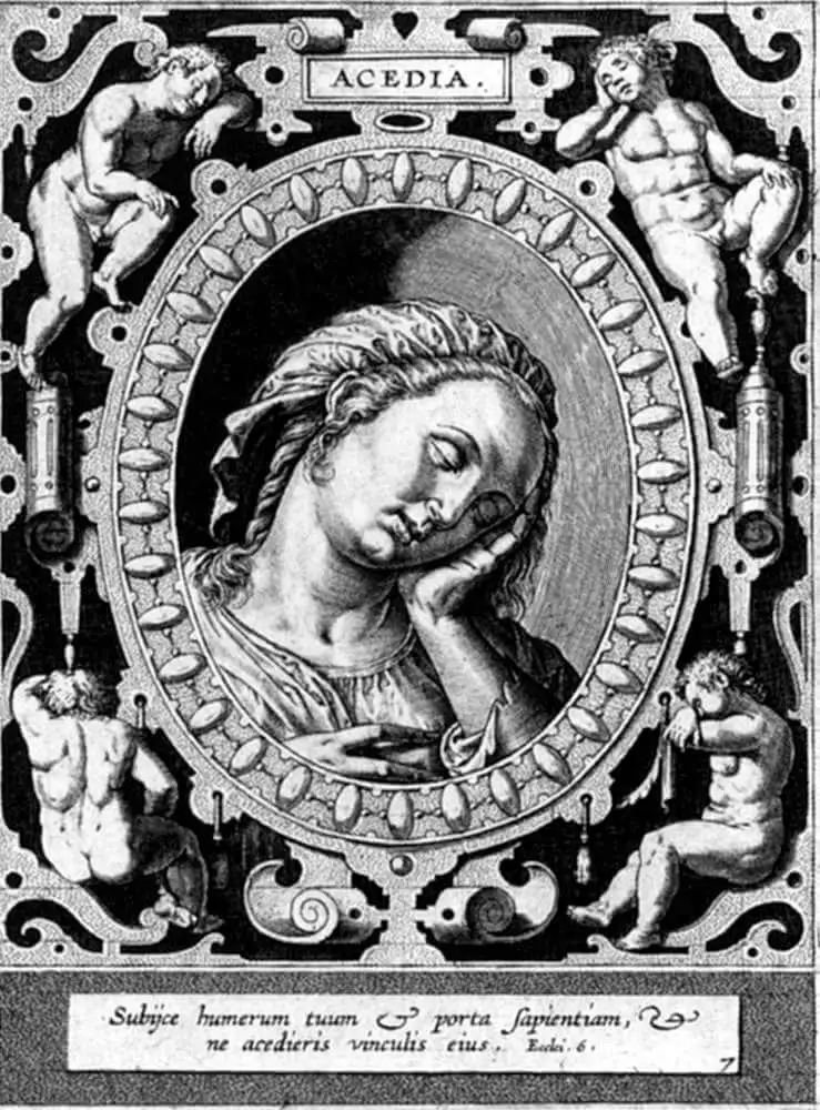 Acedia, the archetype of laziness and sloth, engraving by Hieronymus Wierix